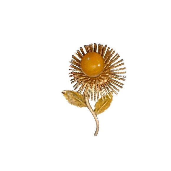 Warner Unique Brooch Metal Spike Petals Enameled Leaves Gold Yellow Center - Picture 7 of 8